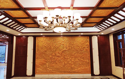 临海中式别墅客厅中式木作横梁吊顶装饰展示